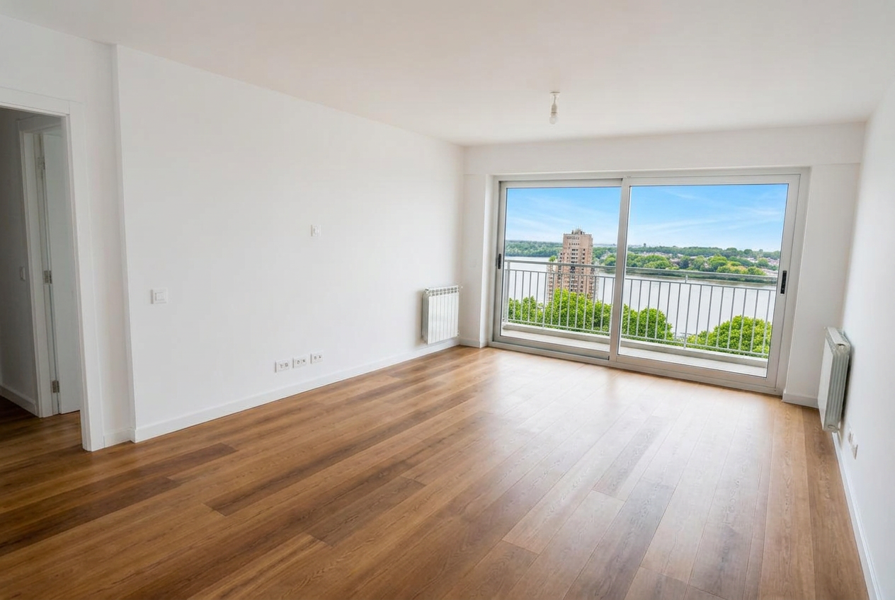 The same living room after PropEditor AI enhancement: balanced exposure, clean white walls and a clear sky through the window.